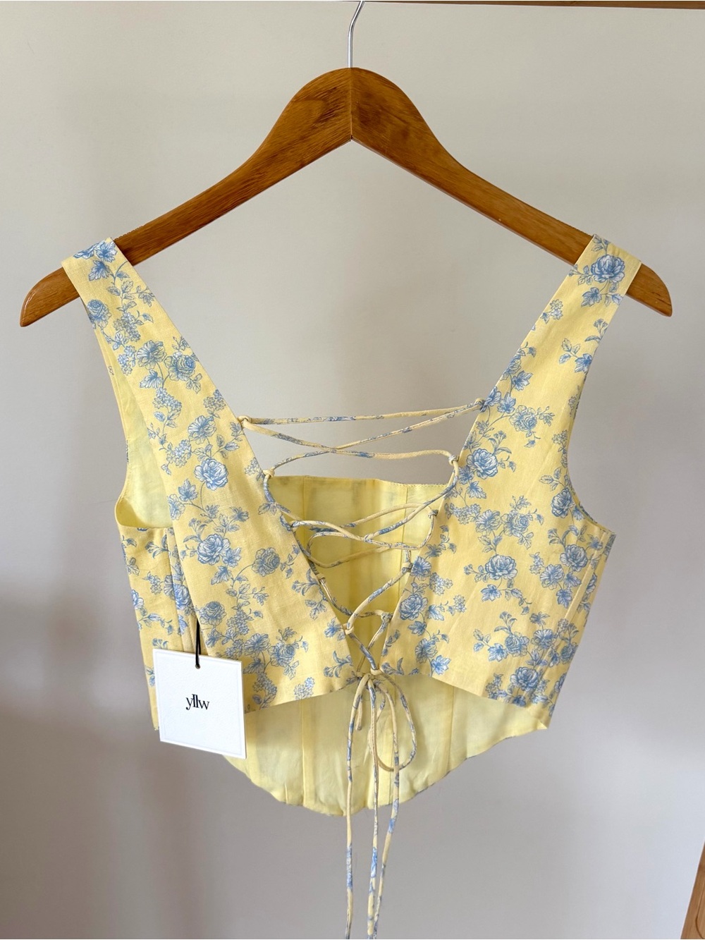 NWT Yllw Yellow The Label Andie Linen Floral Corset Tank Top in Yellow/Blue - S - Picture 6 of 6